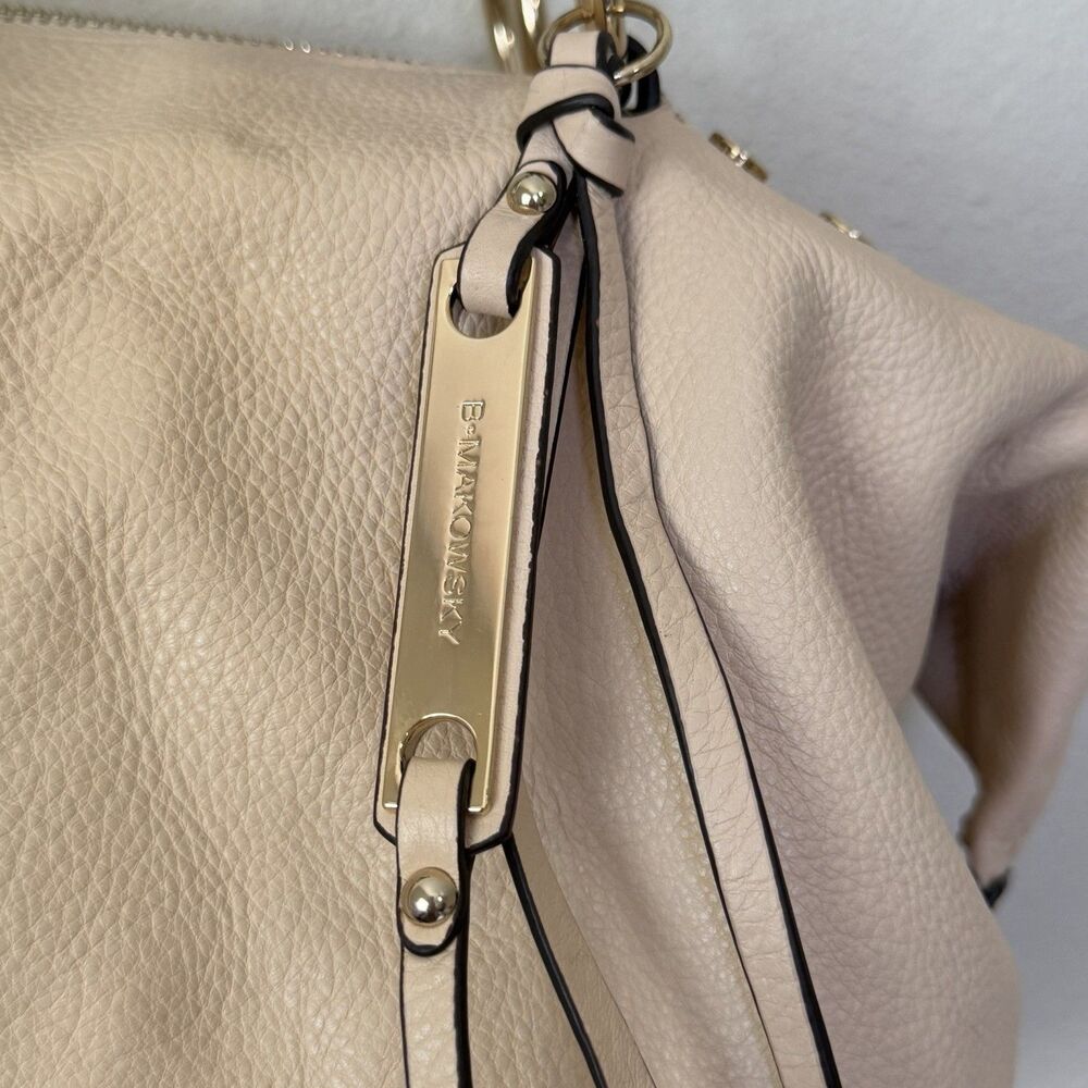 B. Makowsky Cream Beige Leather Shoulder Bag Satchel Braided Handles Boho Purse - Picture 11 of 16